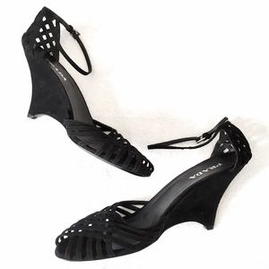 Prada Suede Ankle Strap Peep Toe Wedge Sandals